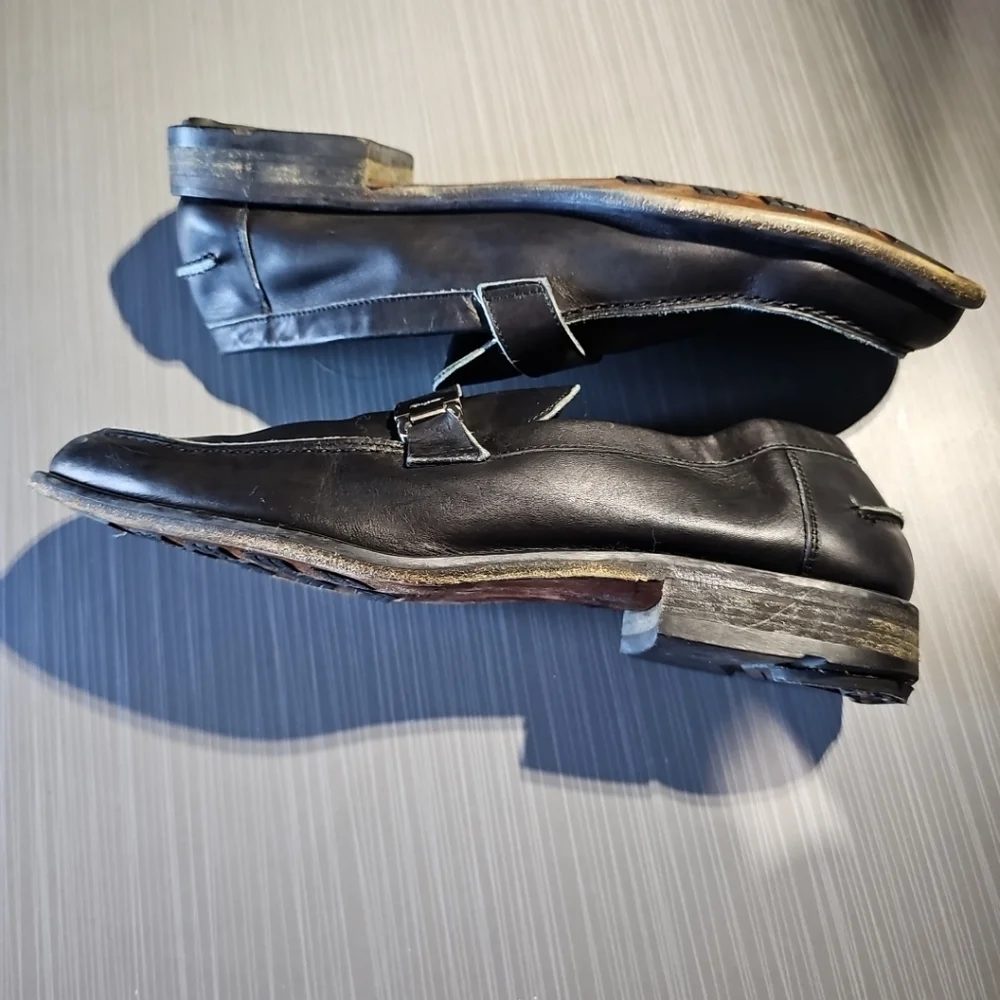 Salvatore Ferragamo Black Leather Loafers Buckle Strap Men's 9D Good‎ Condition